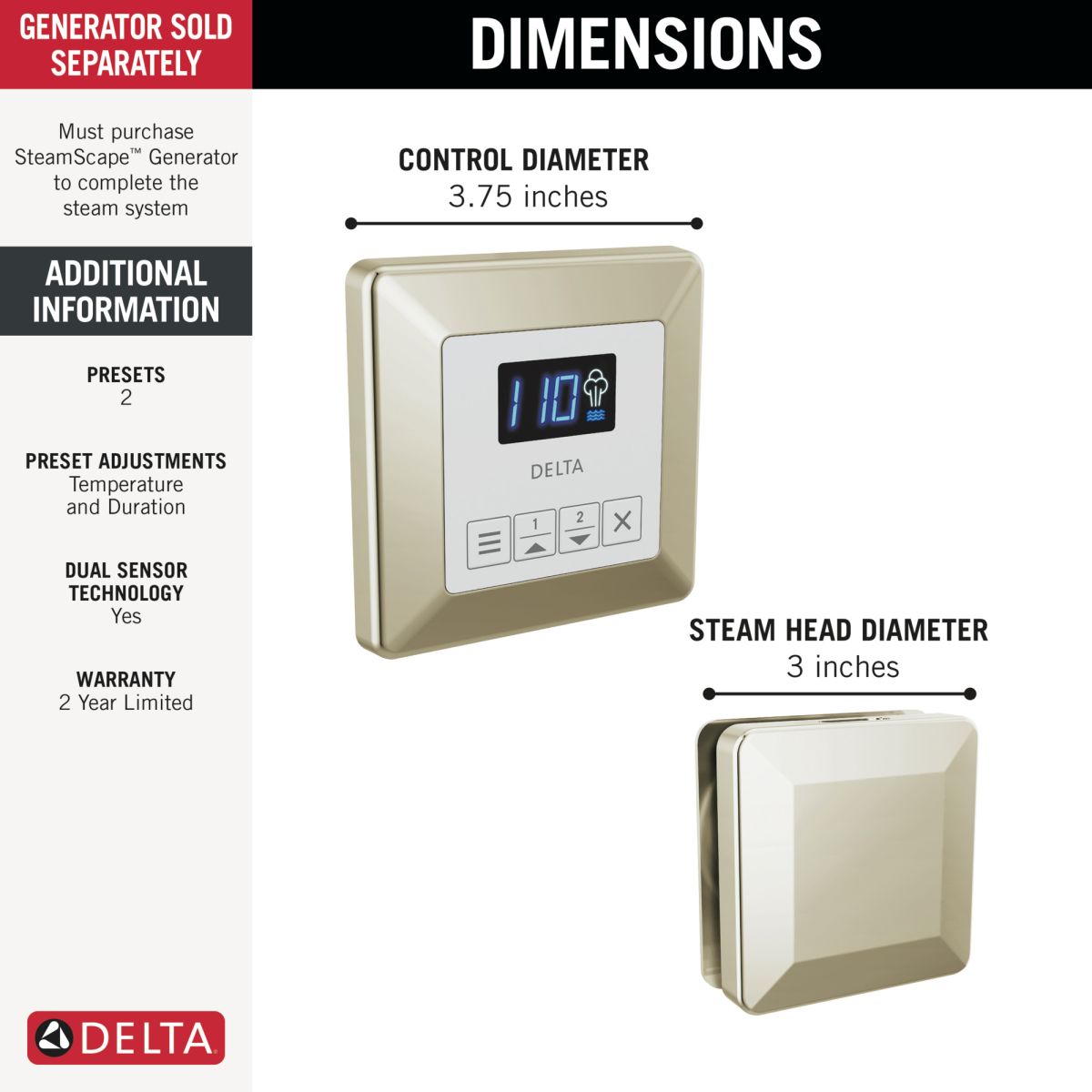 DELTA Universal Showering Components Square Steam Package — Lumicoat® Polished Nickel