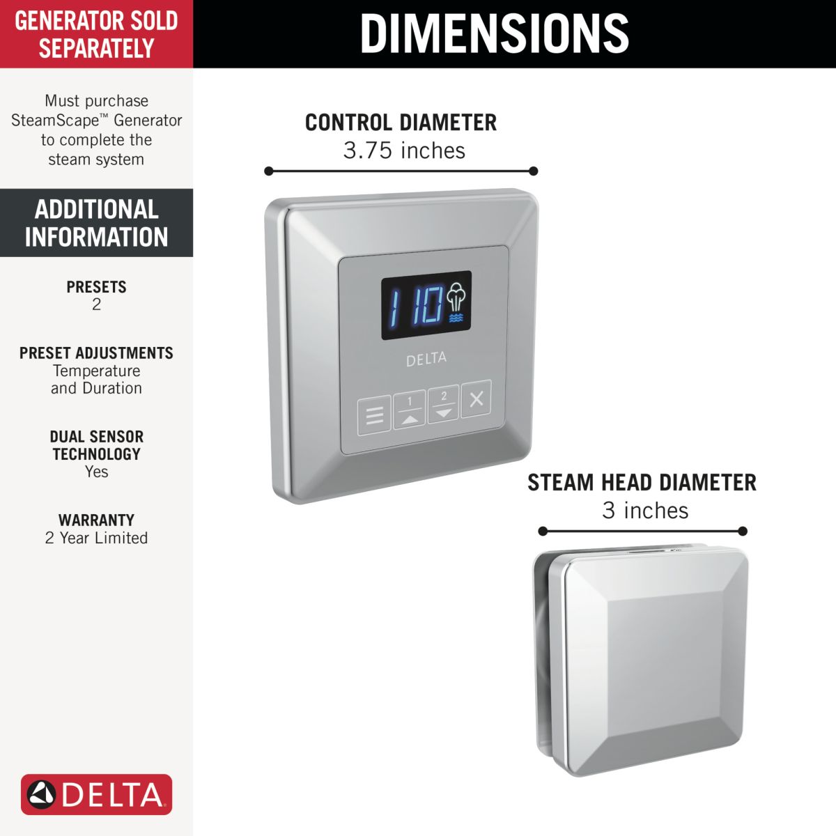 DELTA Universal Showering Components Square Steam Package — Lumicoat® Chrome