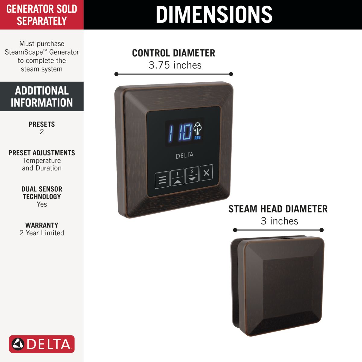 DELTA Universal Showering Components Square Steam Package — Venetian Bronze