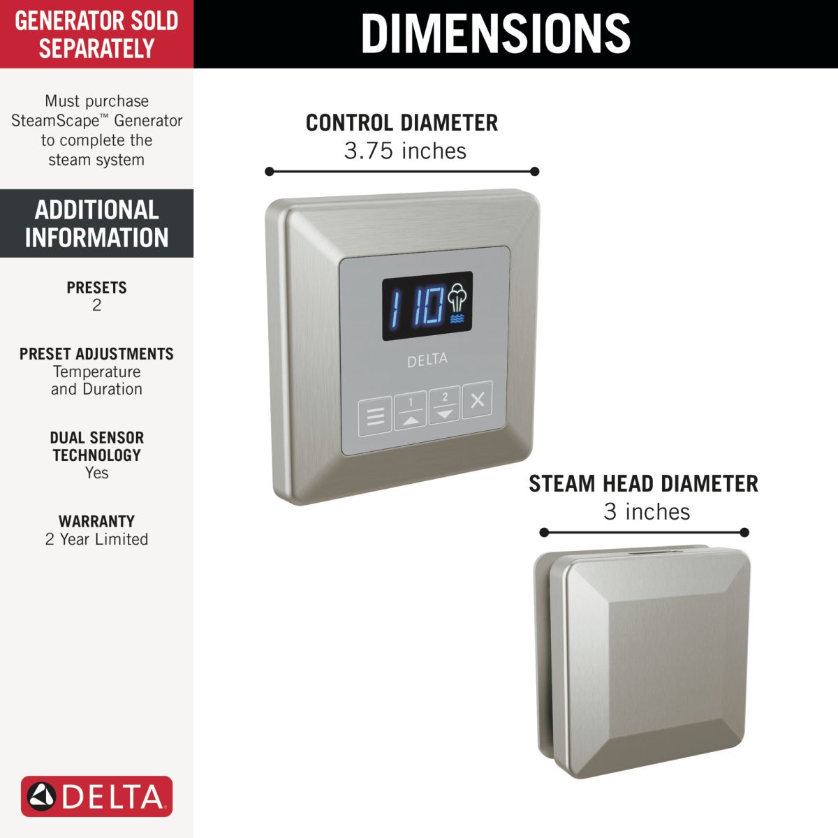 DELTA Universal Showering Components Square Steam Package — Lumicoat® Stainless