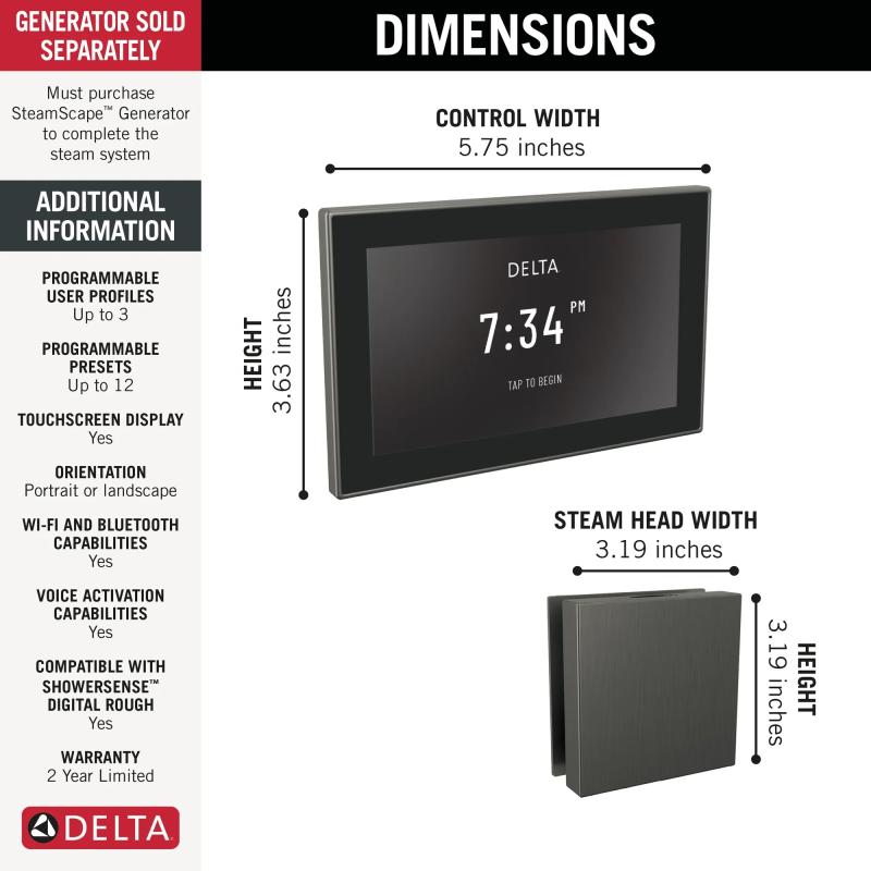 DELTA Universal Showering Components Square Digital Steam Package — Lumicoat® Black Stainless