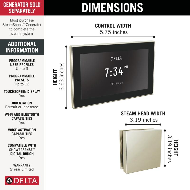 DELTA Universal Showering Components Square Digital Steam Package — Lumicoat® Polished Nickel