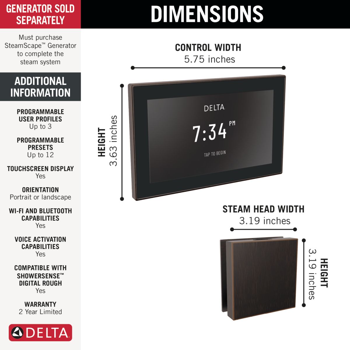 DELTA Universal Showering Components Square Digital Steam Package — Venetian Bronze