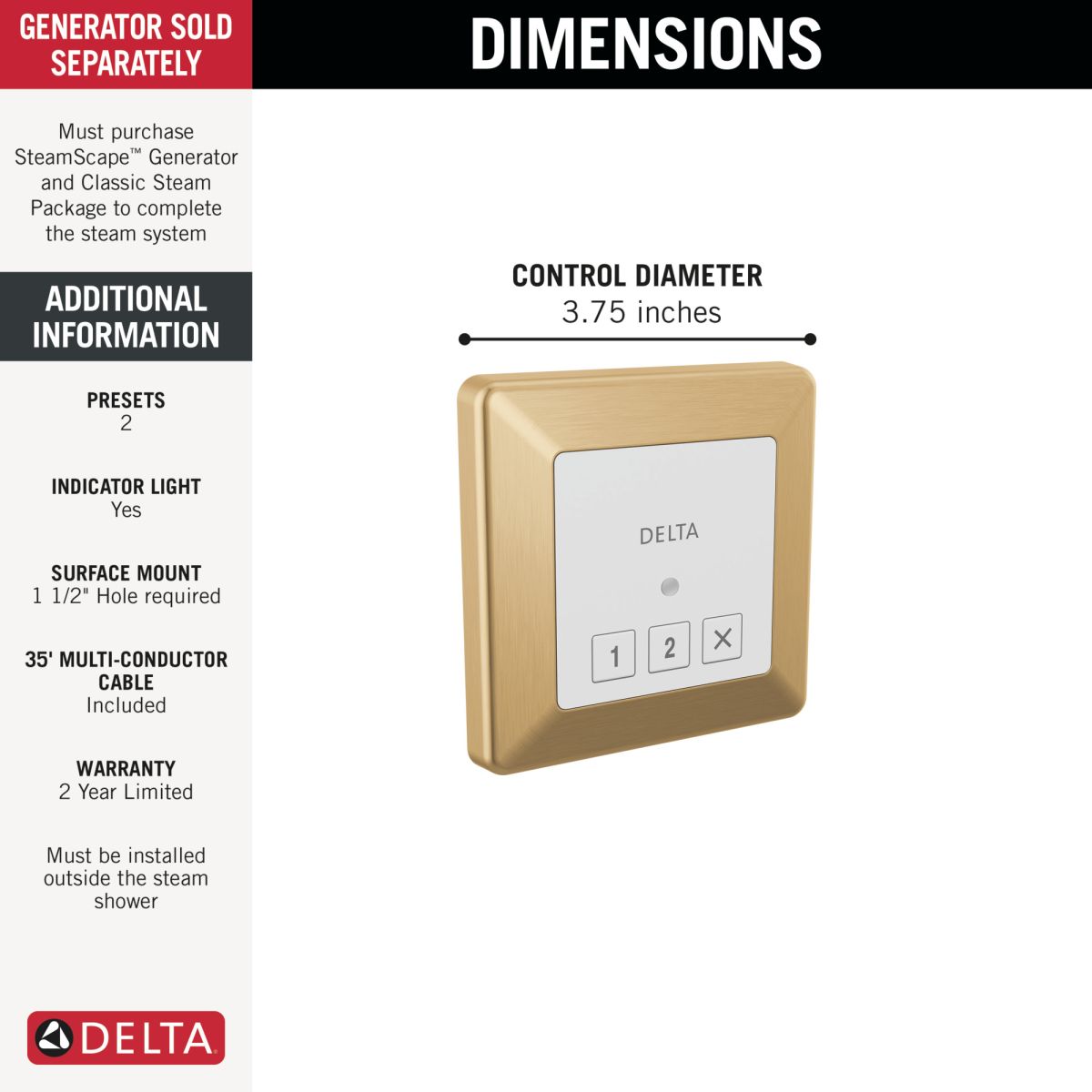 DELTA Universal Showering Components Square Exterior Steam Control — Lumicoat® Champagne Bronze