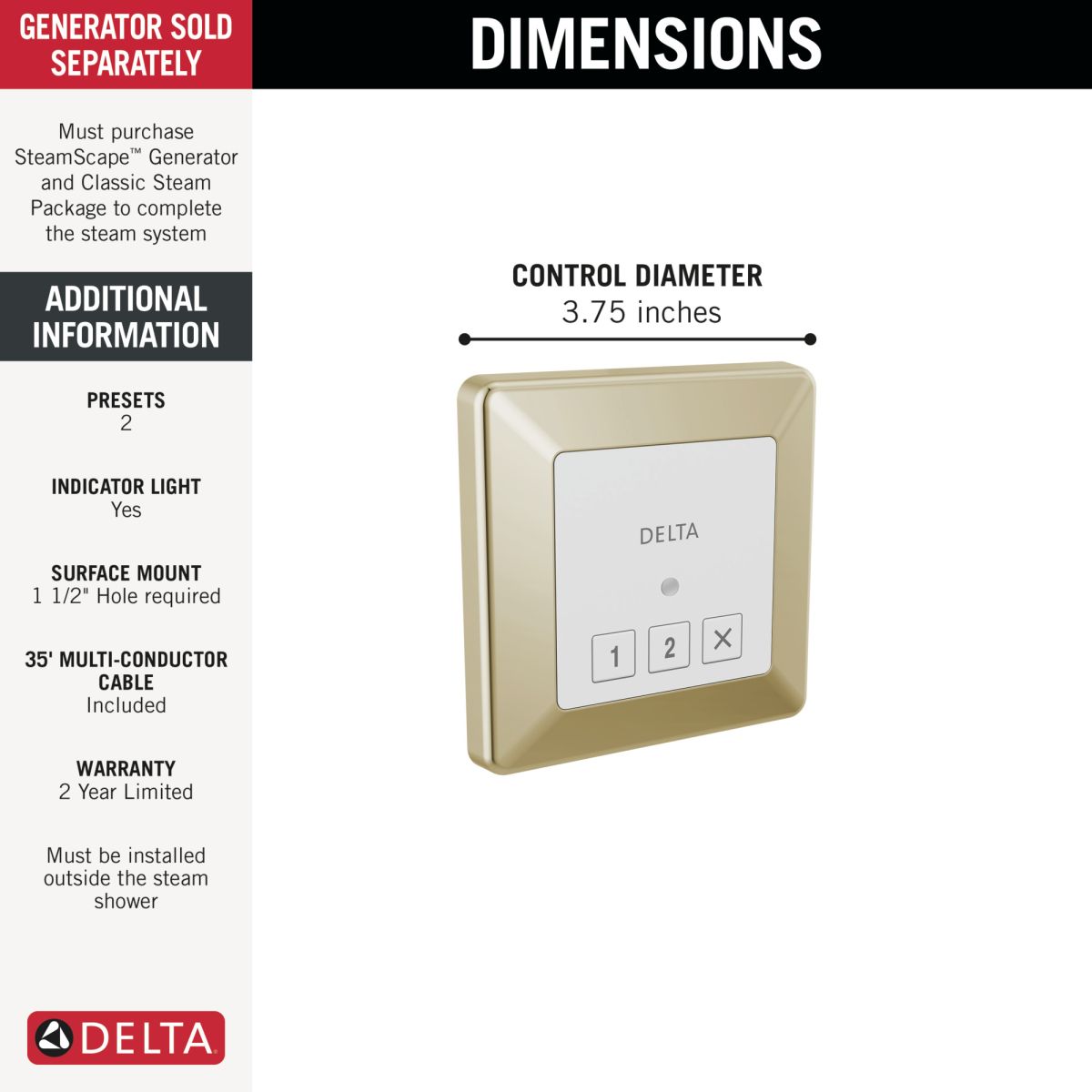 DELTA Universal Showering Components Square Exterior Steam Control — Lumicoat® Polished Nickel