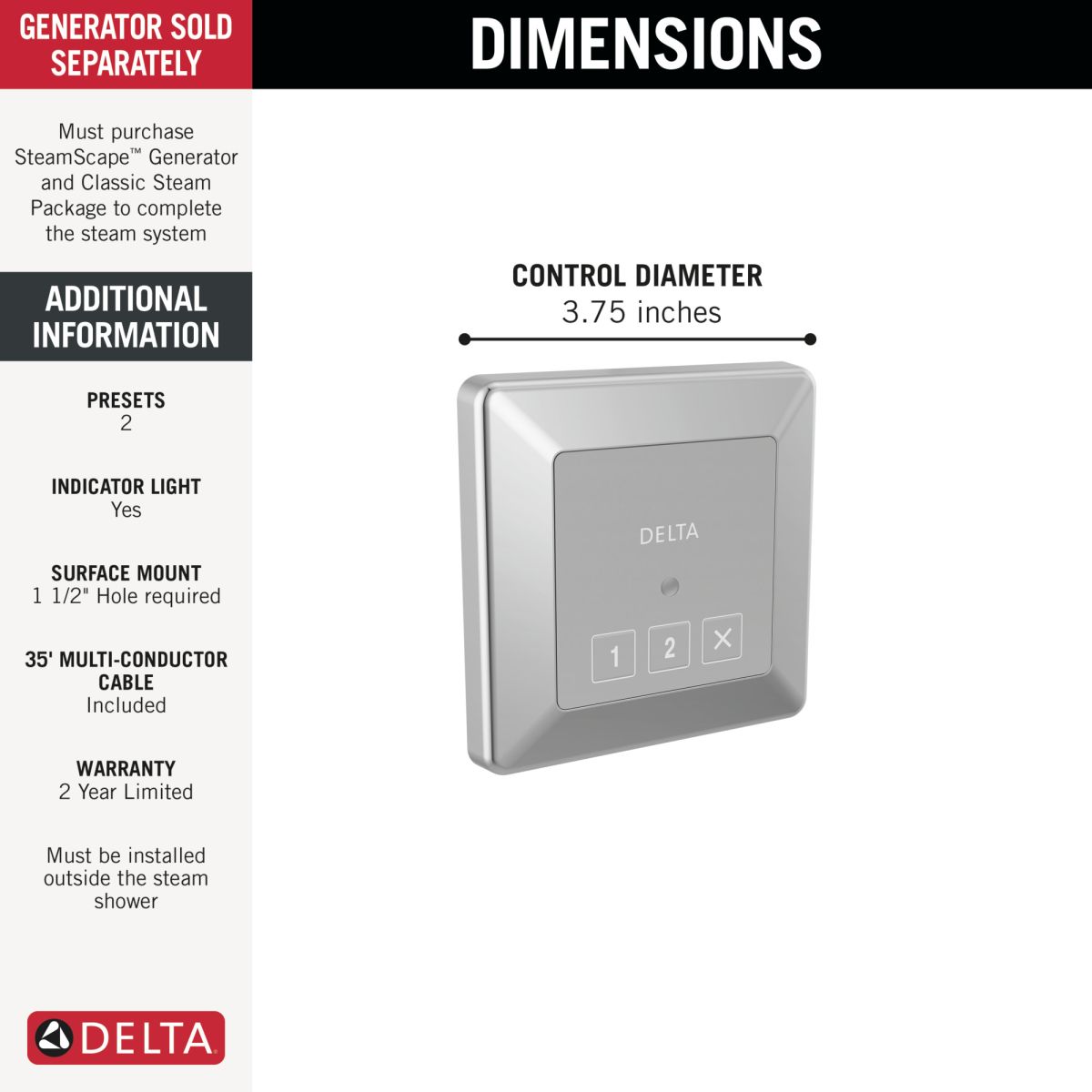 DELTA Universal Showering Components Square Exterior Steam Control — Lumicoat® Chrome