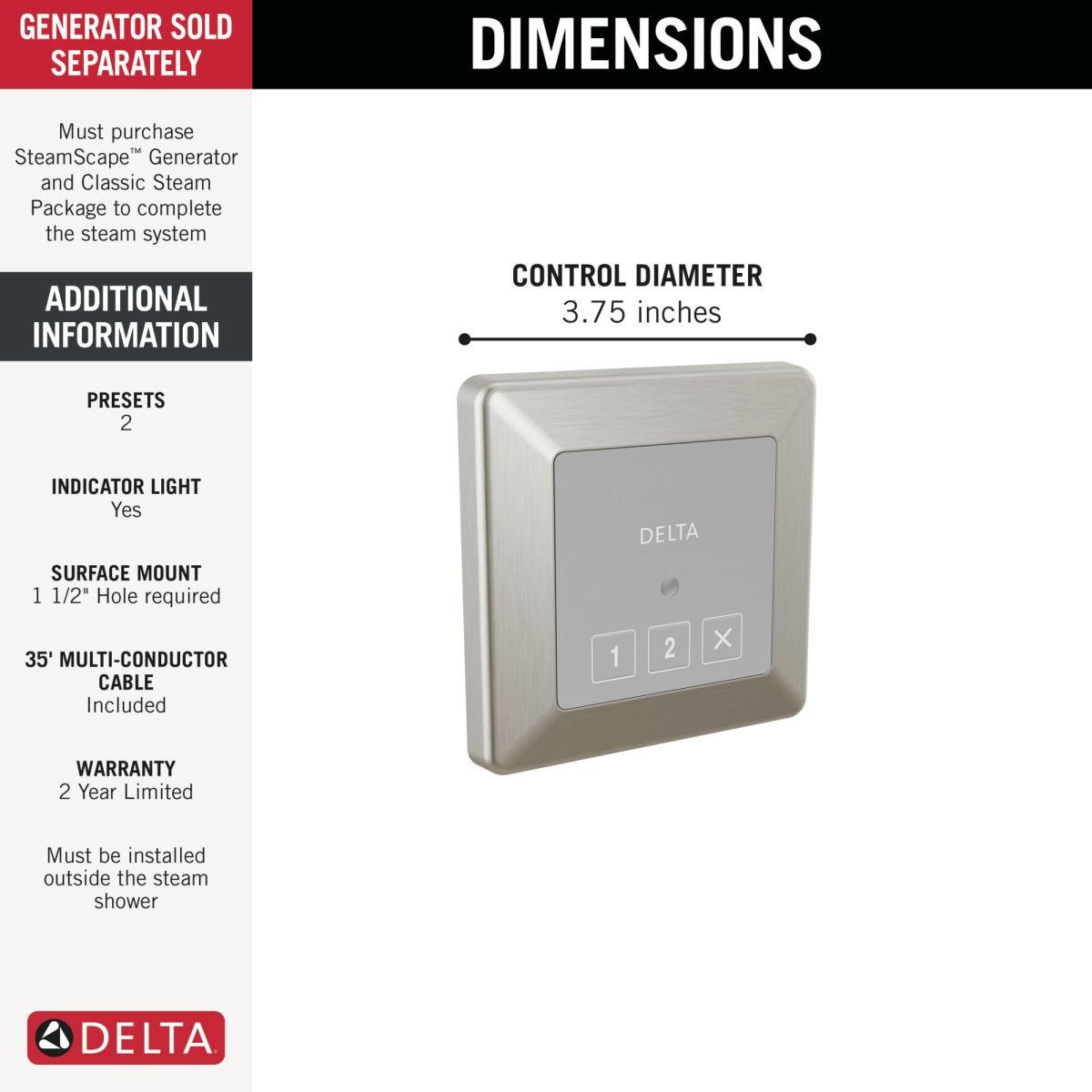 DELTA Universal Showering Components Square Exterior Steam Control — Lumicoat® Stainless