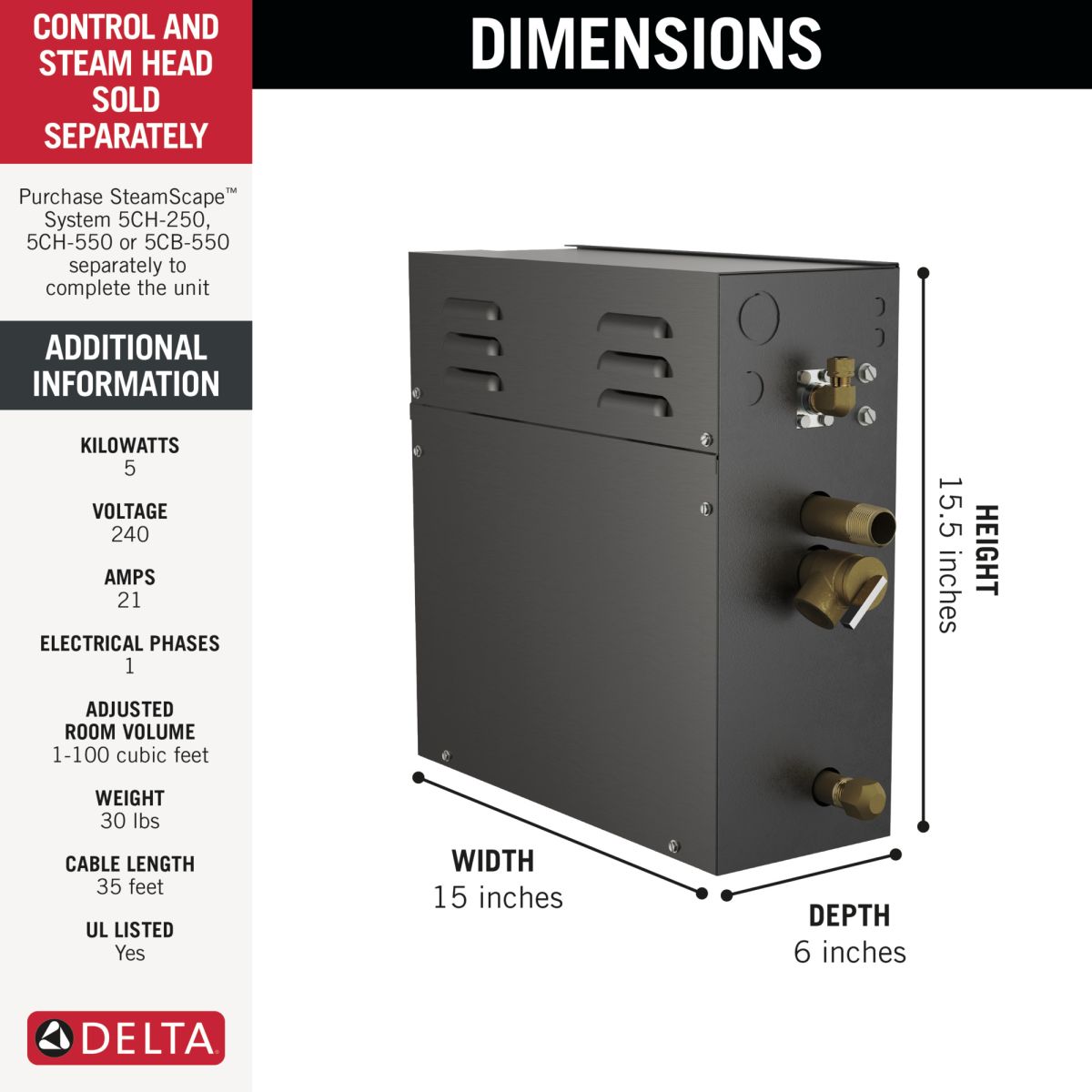 DELTA Universal Showering Components SteamScape 5kW Steam Generator - 240V 1ph — Not Applicable