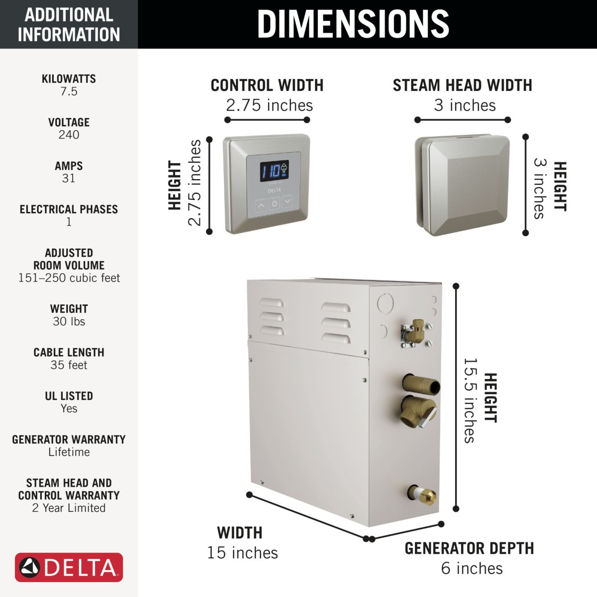 DELTA Universal Showering Components SimpleSteam Kit - 7.5kW — Lumicoat® Stainless