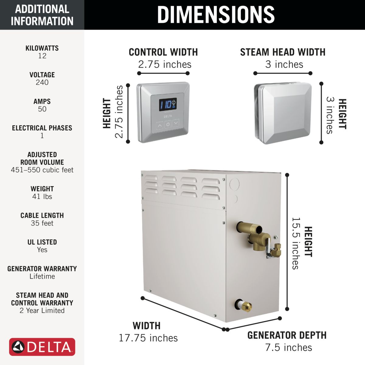 DELTA Universal Showering Components SimpleSteam Kit - 12kW — Lumicoat® Chrome