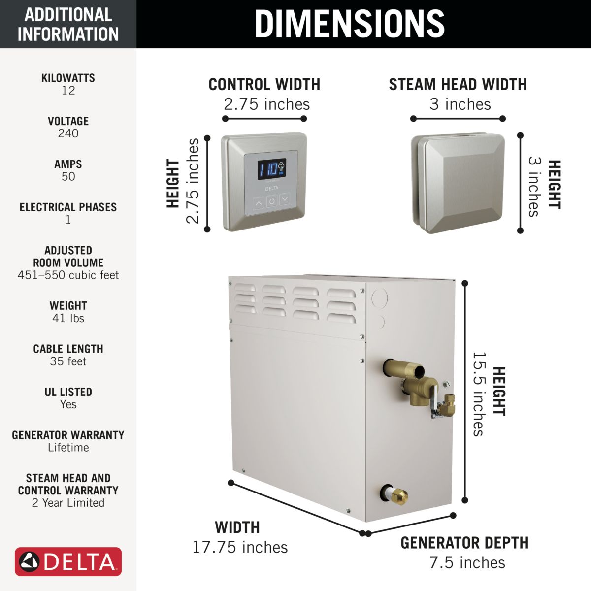 DELTA Universal Showering Components SimpleSteam Kit - 12kW — Lumicoat® Stainless