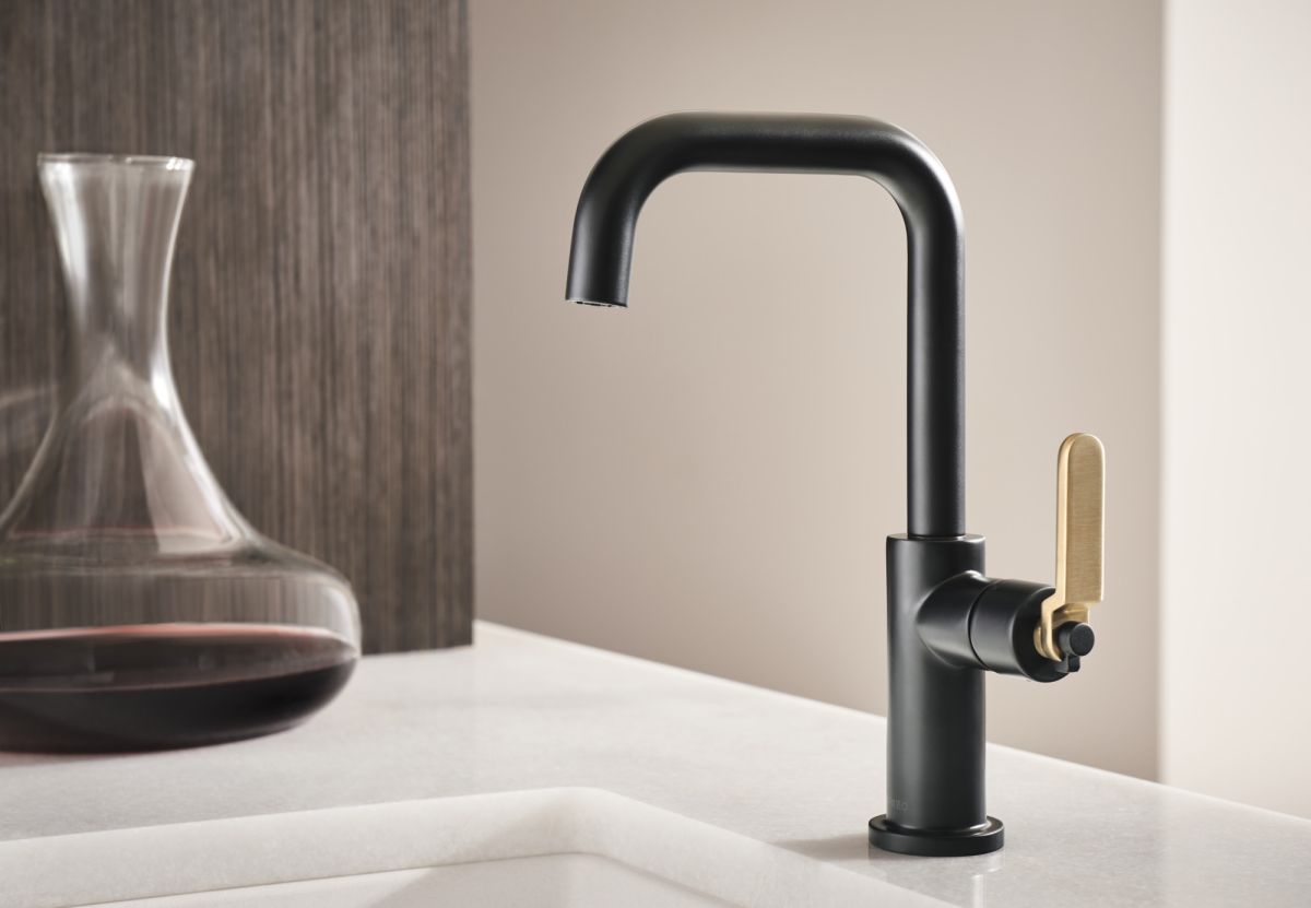 BRIZO Litze Bar Faucet with Square Spout and Industrial Handle Kit — Matte Black/Luxe Gold