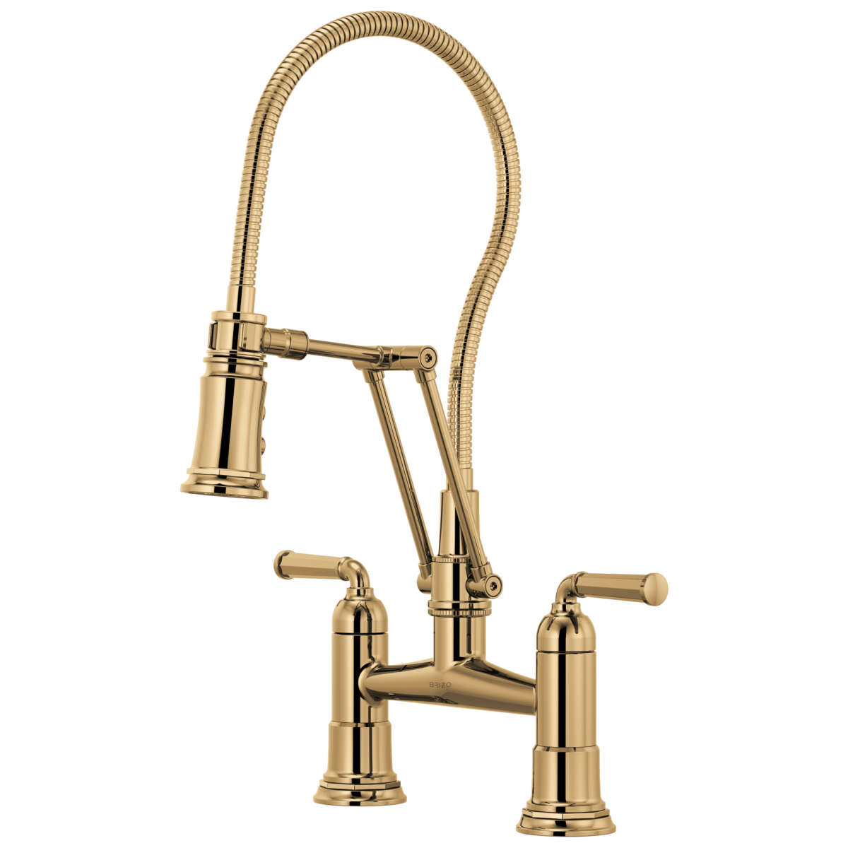 BRIZO Rook Articulating Bridge Faucet with Finished Hose — Polished Gold