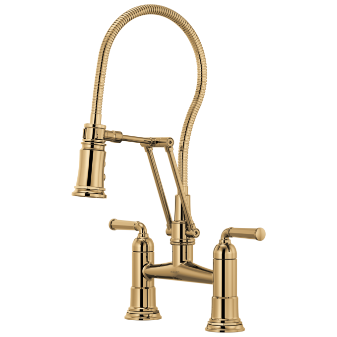 BRIZO Rook Articulating Bridge Faucet with Finished Hose — Polished Gold