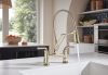 BRIZO Rook Articulating Bridge Faucet with Finished Hose — Polished Nickel