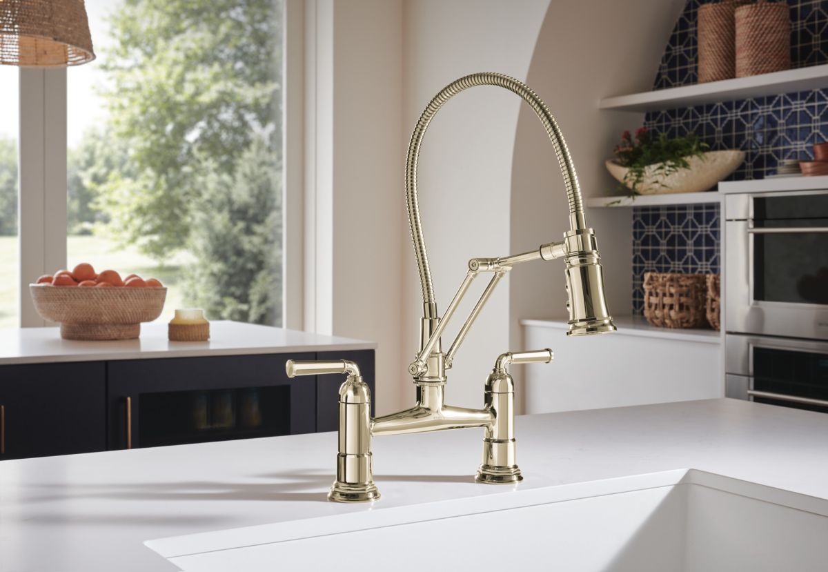 BRIZO Rook Articulating Bridge Faucet with Finished Hose — Polished Nickel