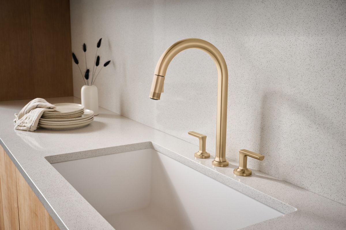 BRIZO Kintsu Widespread Pull-Down Faucet with Arc Spout - Less Handles — Lumicoat® Luxe Gold