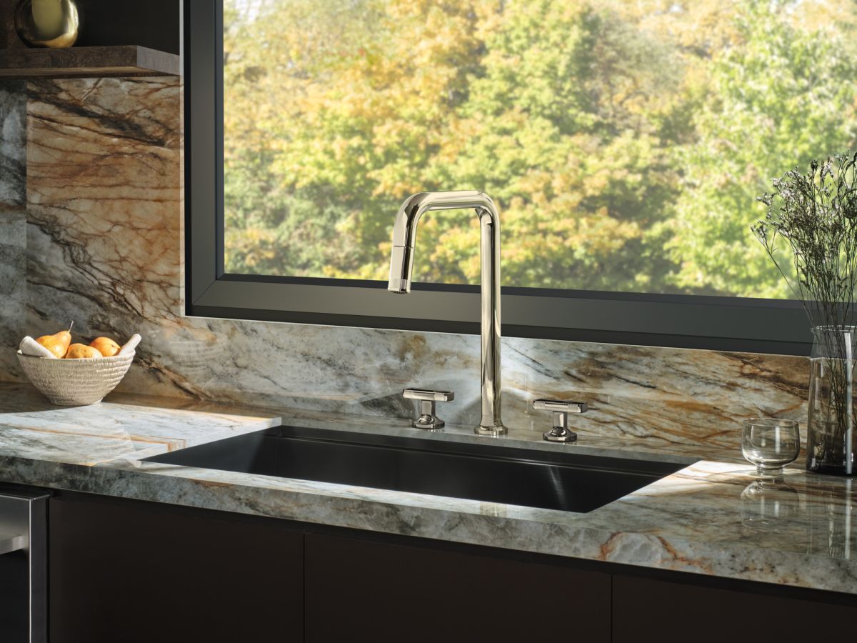 BRIZO Kintsu Widespread Pull-Down Faucet with Square Spout - Less Handles — Lumicoat® Polished Nickel