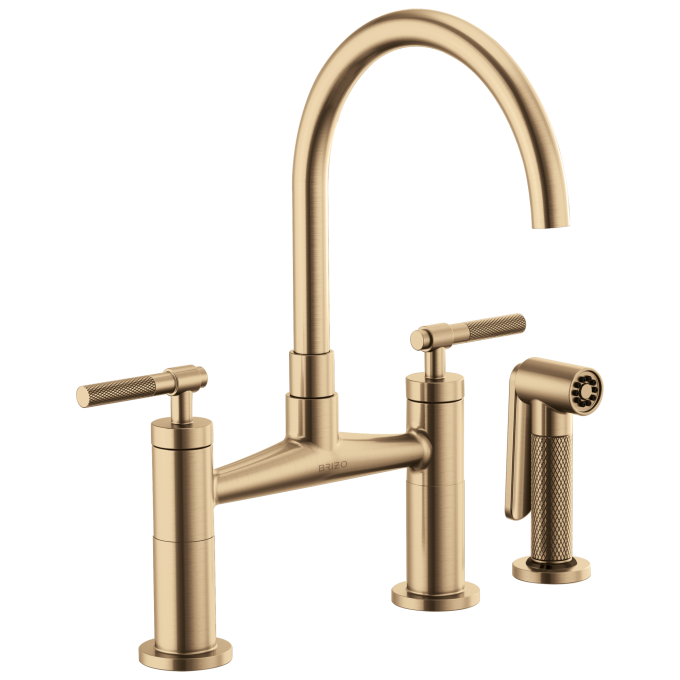 BRIZO Litze Bridge Faucet with Arc Spout and Knurled Handle — Luxe Gold
