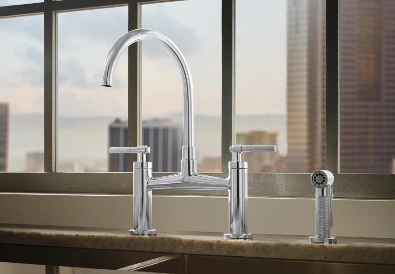 BRIZO Litze Bridge Faucet with Arc Spout and Knurled Handle — Chrome