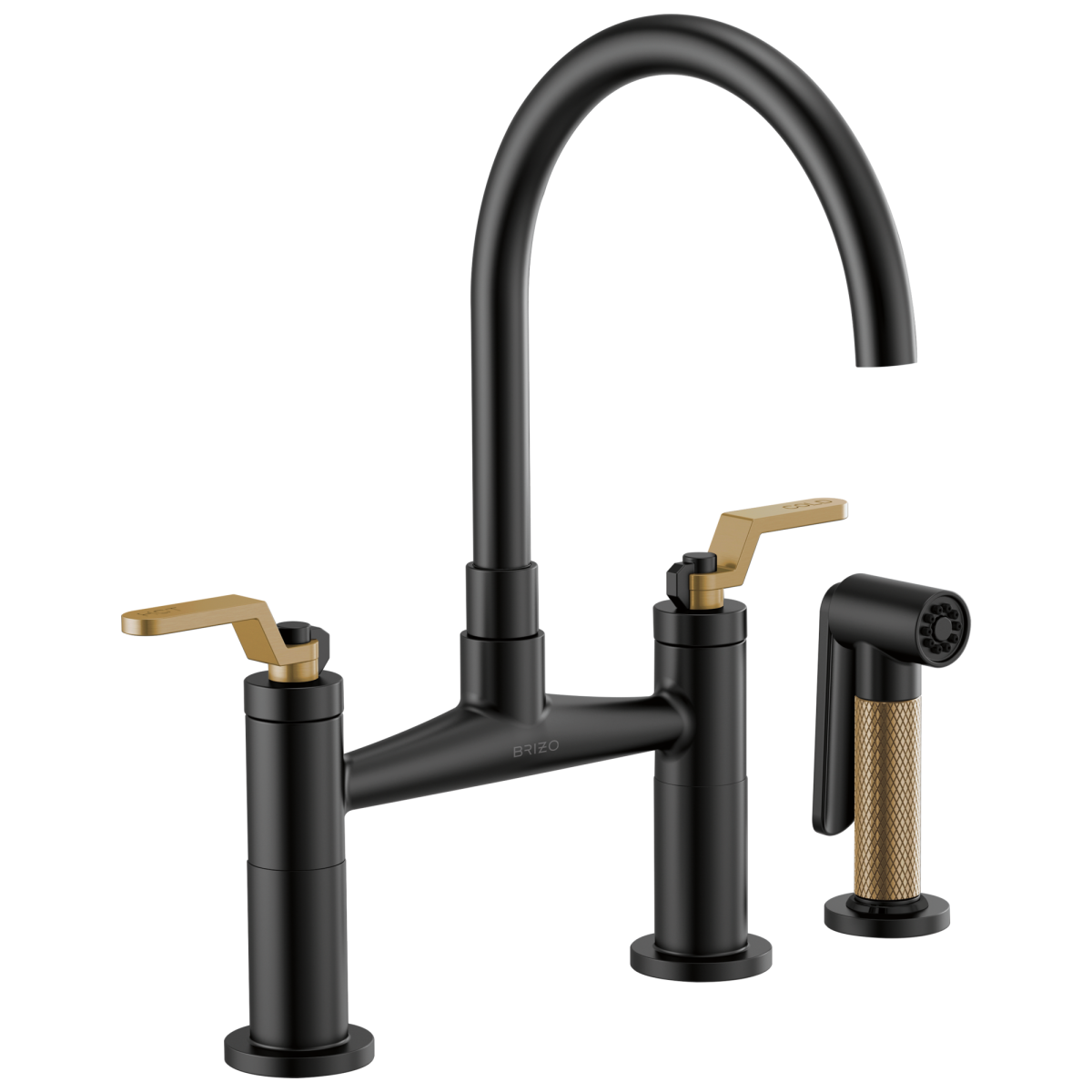 BRIZO Litze Bridge Faucet with Arc Spout and Industrial Handle — Matte Black/Luxe Gold