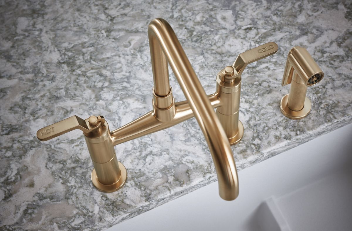 BRIZO Litze Bridge Faucet with Square Spout and Industrial Handle — Luxe Gold