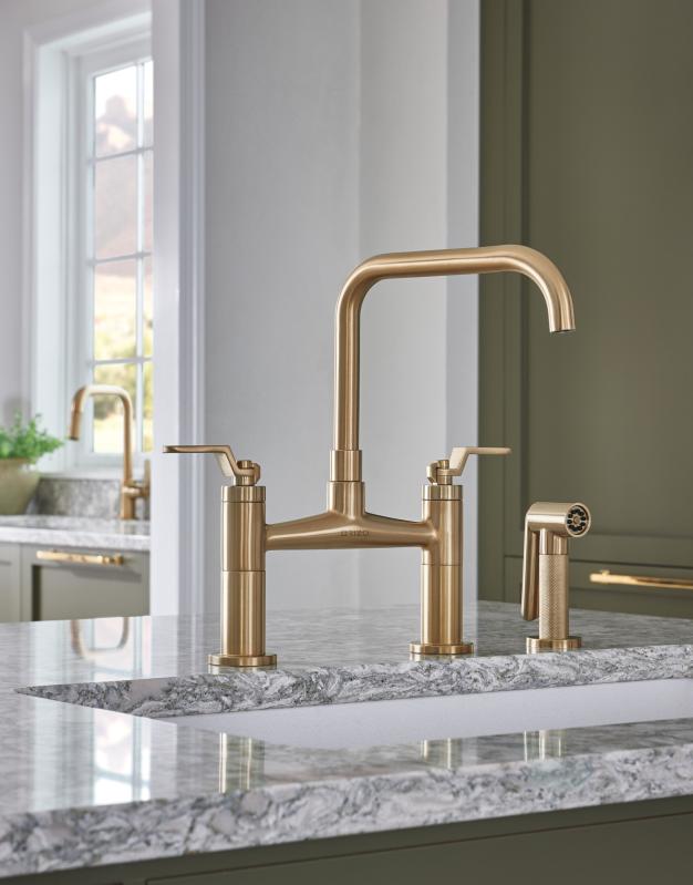 BRIZO Litze Bridge Faucet with Square Spout and Industrial Handle — Luxe Gold