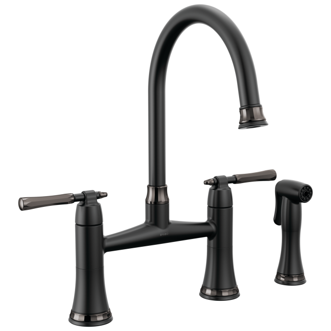 BRIZO Tulham Bridge Kitchen Faucet with Side Sprayer — Matte Black / Brilliance Black Onyx