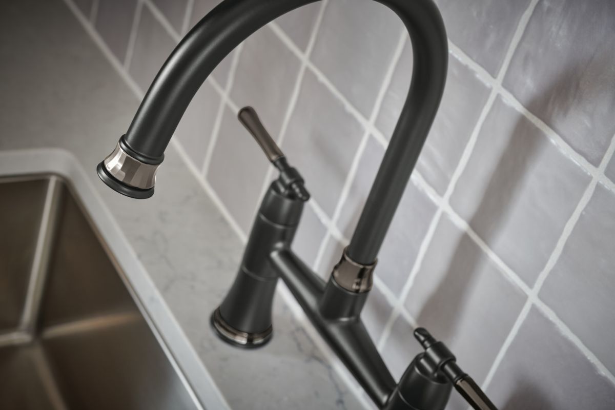 BRIZO Tulham Bridge Kitchen Faucet with Side Sprayer — Matte Black / Brilliance Black Onyx