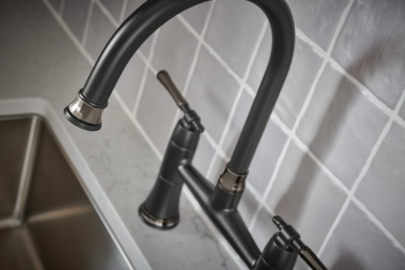 BRIZO Tulham Bridge Kitchen Faucet with Side Sprayer — Matte Black / Brilliance Black Onyx