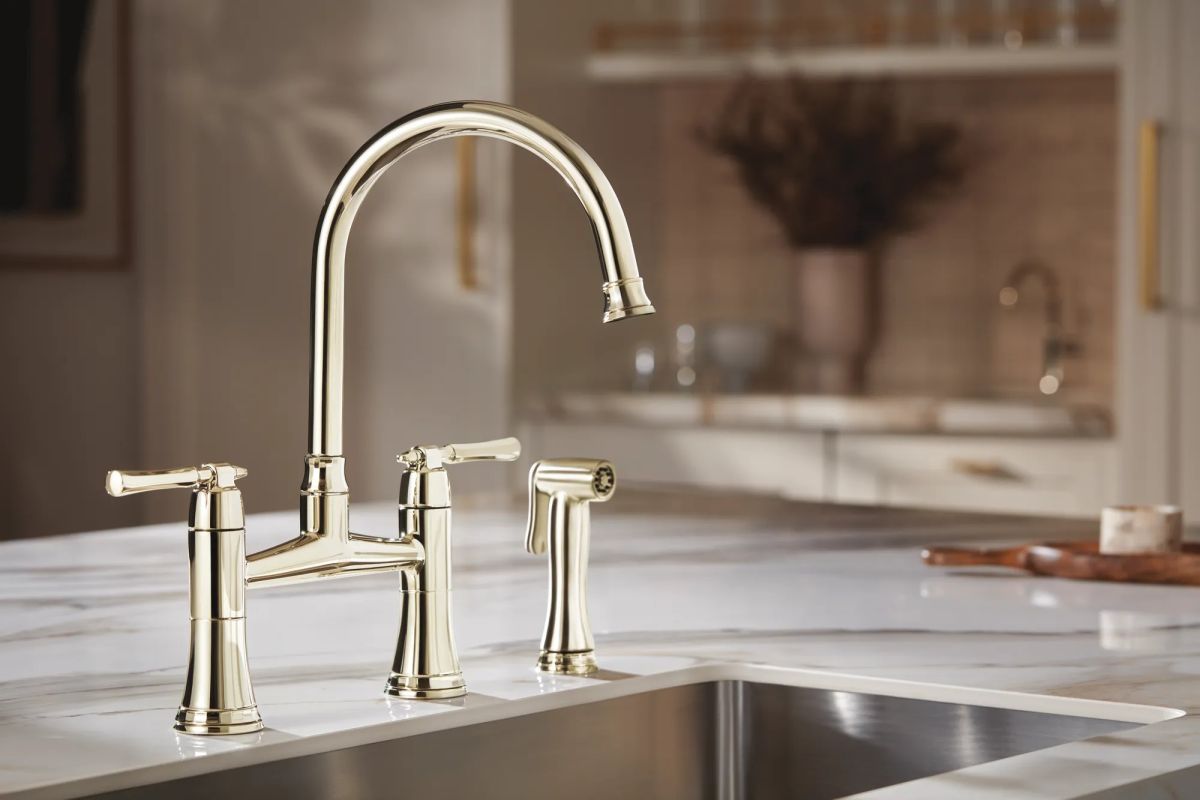 BRIZO Tulham Bridge Kitchen Faucet with Side Sprayer — Polished Nickel