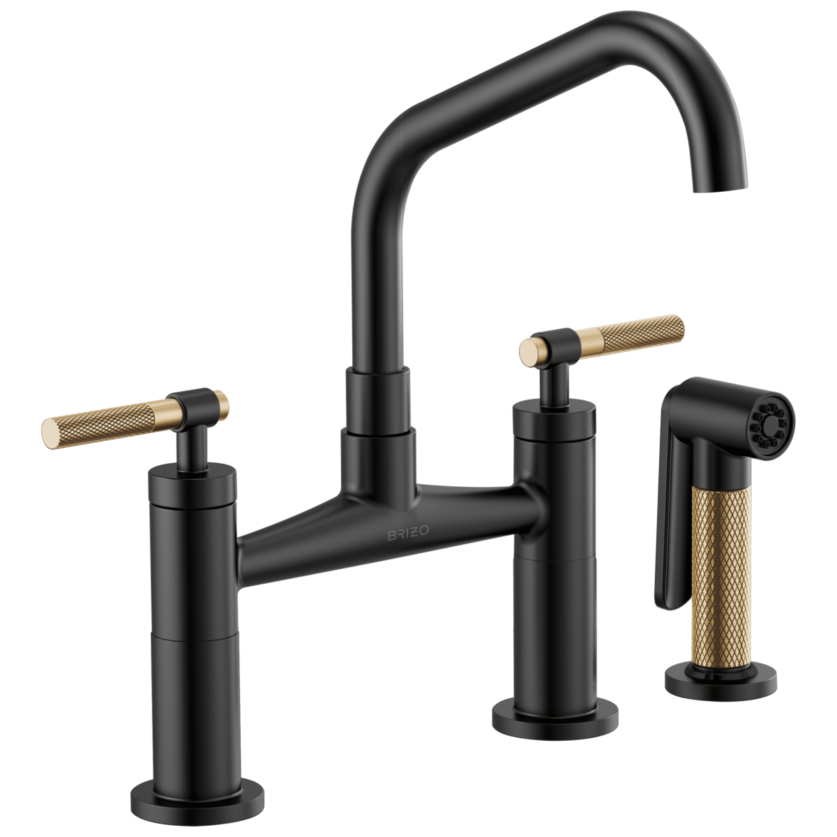 BRIZO Litze Bridge Faucet with Angled Spout and Knurled Handle — Matte Black/Luxe Gold