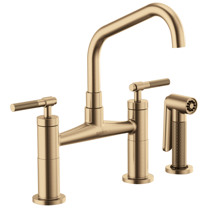 BRIZO Litze Bridge Faucet with Angled Spout and Knurled Handle — Luxe Gold