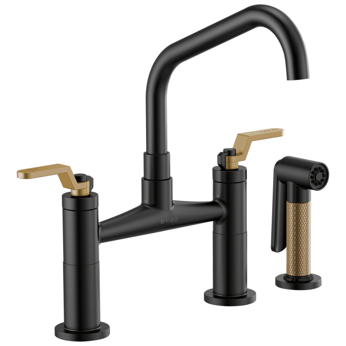 BRIZO Litze Bridge Faucet with Angled Spout and Industrial Handle — Matte Black/Luxe Gold