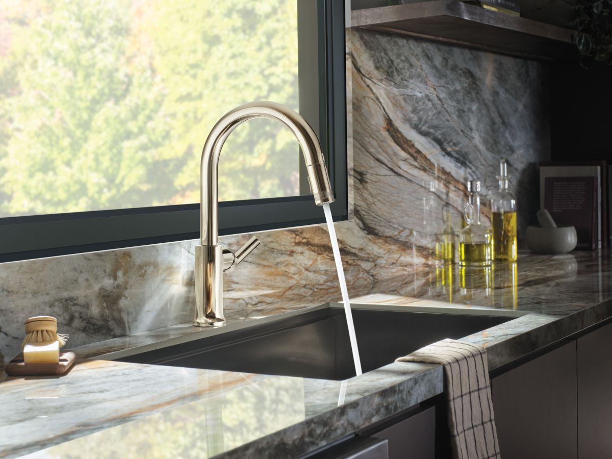 BRIZO Kintsu Pull-Down Faucet with Arc Spout - Less Handle — Lumicoat® Polished Nickel