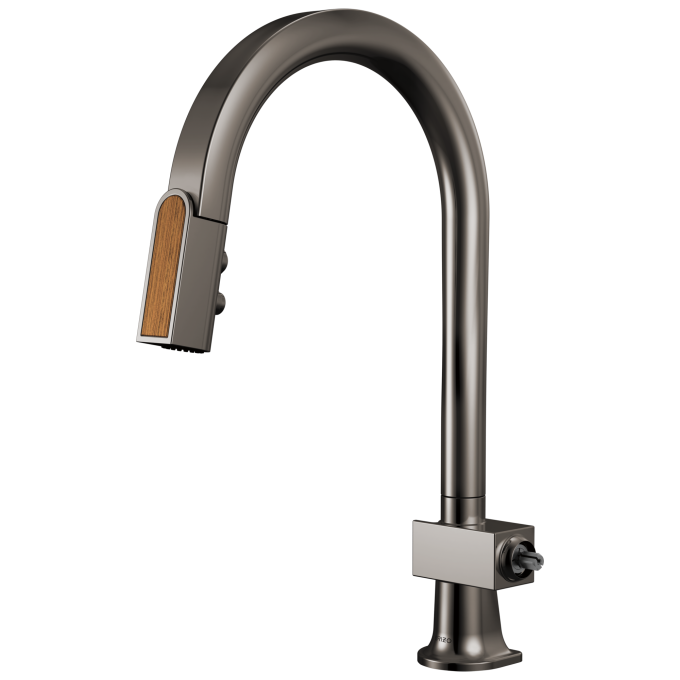 BRIZO Frank Lloyd Wright Pull-Down Kitchen Faucet with Arc Spout and Wood Wand - Less Handle — Brilliance Black Onyx / Wood