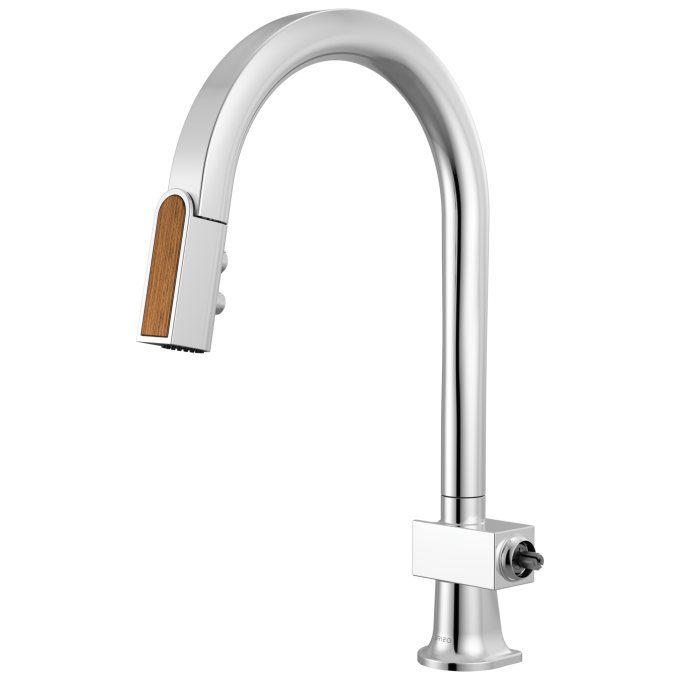 BRIZO Frank Lloyd Wright Pull-Down Kitchen Faucet with Arc Spout and Wood Wand - Less Handle — Polished Chrome / Teak Wood