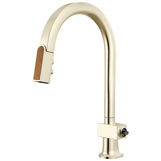 BRIZO Frank Lloyd Wright Pull-Down Kitchen Faucet with Arc Spout and Wood Wand - Less Handle — Polished Nickel / Wood