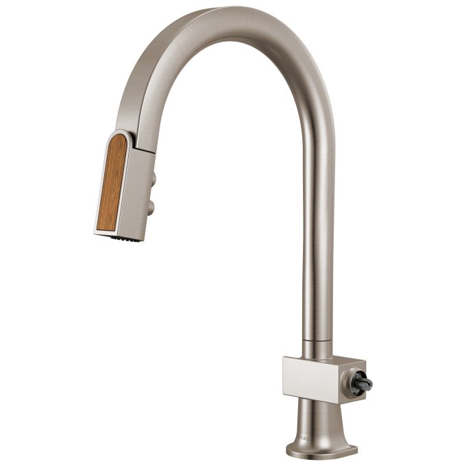 BRIZO Frank Lloyd Wright Pull-Down Kitchen Faucet with Arc Spout and Wood Wand - Less Handle — Stainless / Wood
