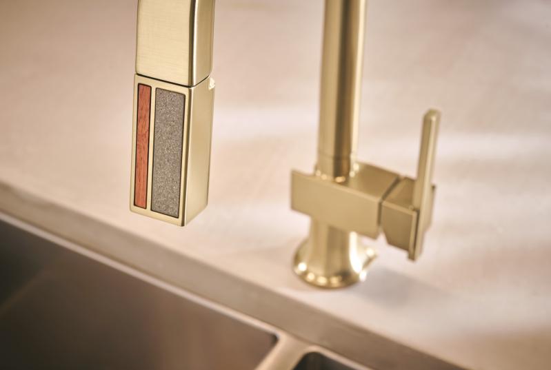 BRIZO Frank Lloyd Wright Pull-Down Kitchen Faucet with Square Spout and Wood/Concrete Wand - Less Handle — Luxe Gold / Wood