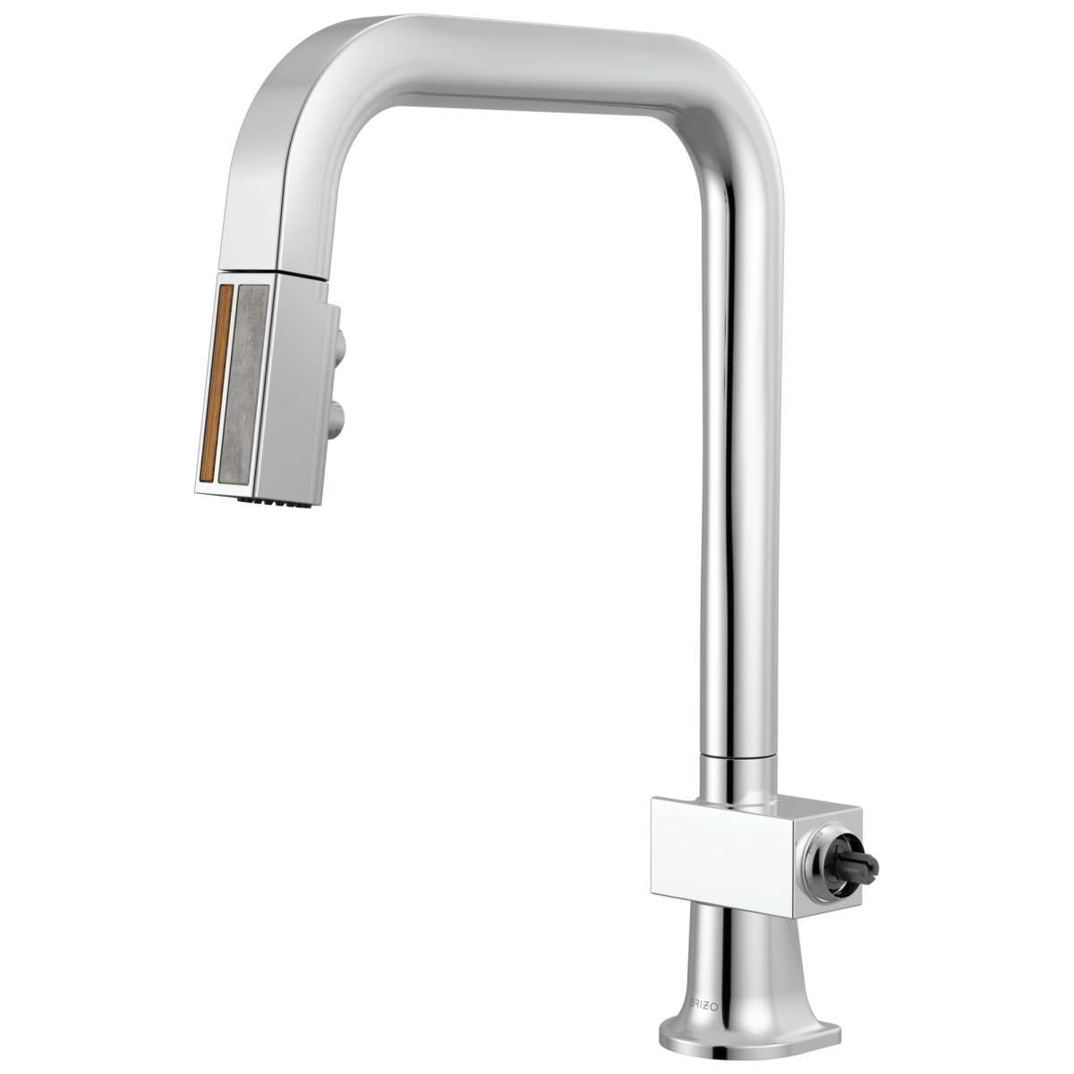 BRIZO Frank Lloyd Wright Pull-Down Kitchen Faucet with Square Spout and Wood/Concrete Wand - Less Handle — Polished Chrome / Teak Wood