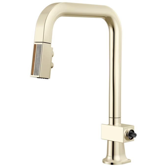 BRIZO Frank Lloyd Wright Pull-Down Kitchen Faucet with Square Spout and Wood/Concrete Wand - Less Handle — Polished Nickel / Wood