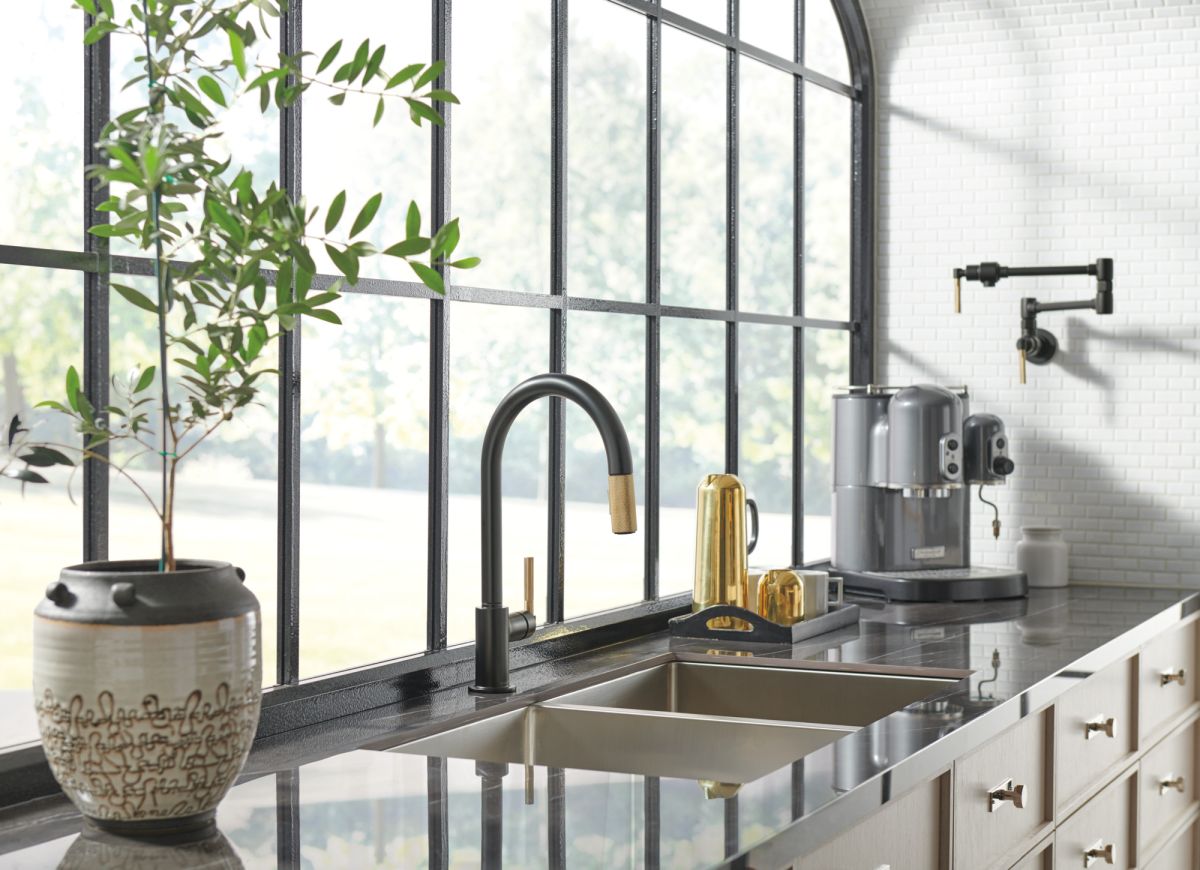 BRIZO Litze Wall Mount Pot Filler with Knurled Handle Kit — Matte Black/Luxe Gold