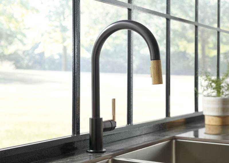 BRIZO Litze Pull-Down Faucet with Arc Spout and Knurled Handle — Matte Black/Luxe Gold