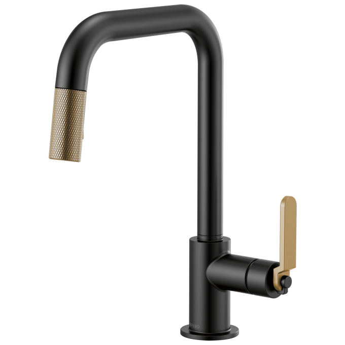 BRIZO Litze Pull-Down Faucet with Square Spout and Industrial Handle — Matte Black/Luxe Gold
