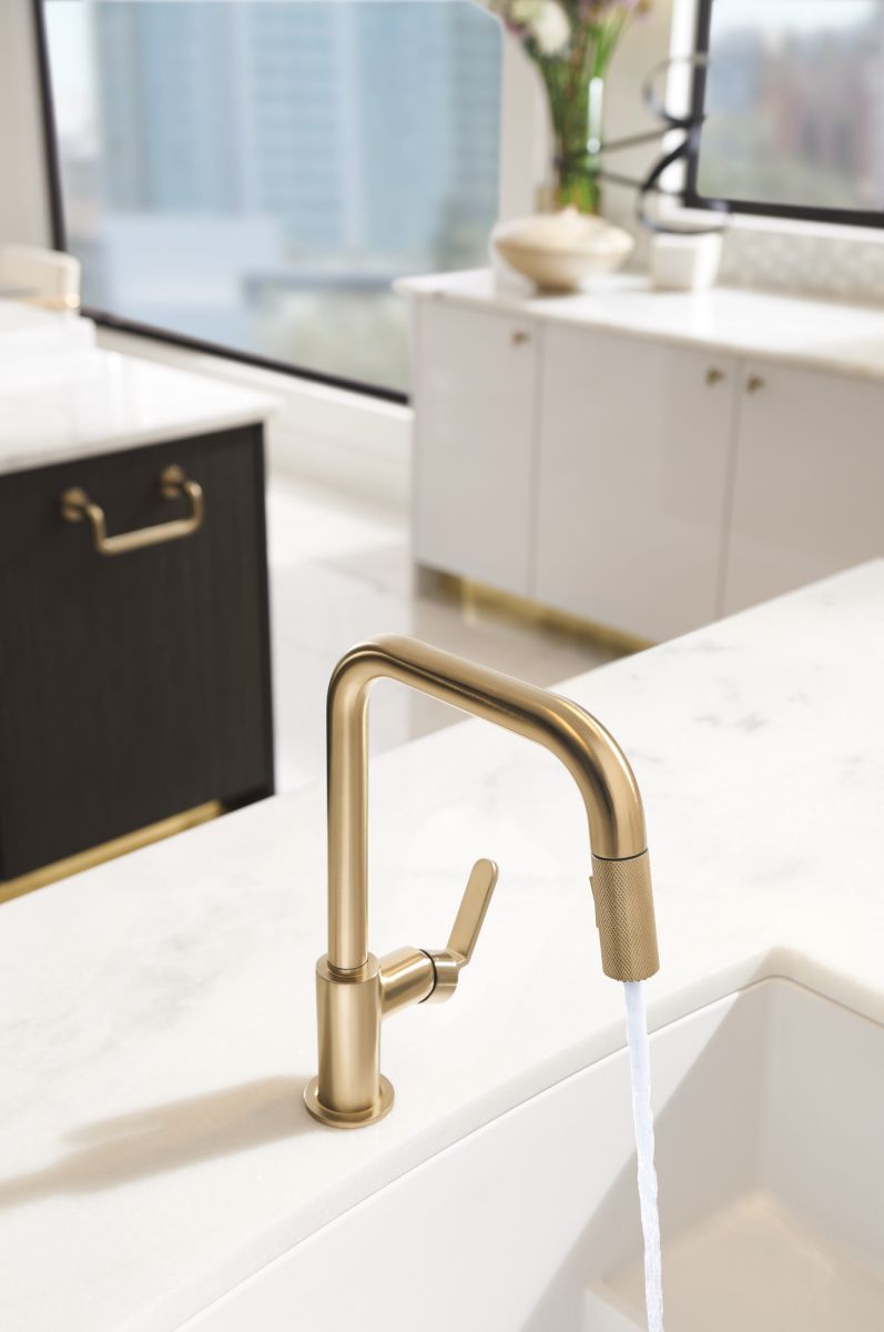 BRIZO Litze Pull-Down Faucet with Square Spout and Industrial Handle — Luxe Gold