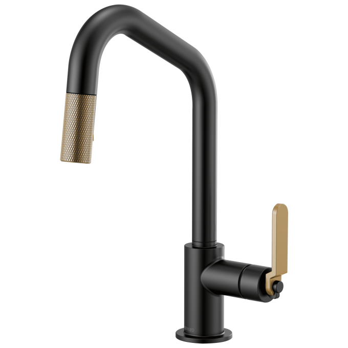 BRIZO Litze Pull-Down Faucet with Angled Spout and Industrial Handle — Matte Black/Luxe Gold