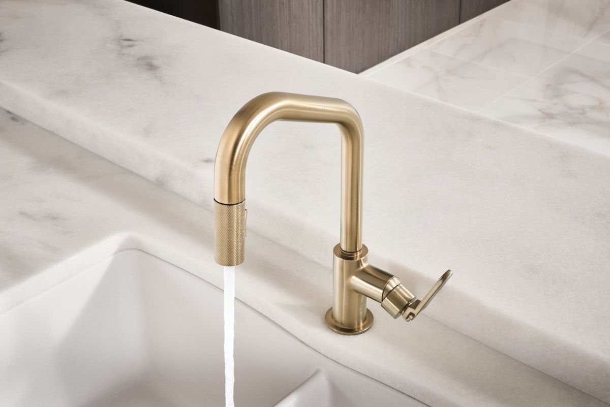 BRIZO Litze Pull-Down Faucet with Angled Spout and Industrial Handle — Luxe Gold