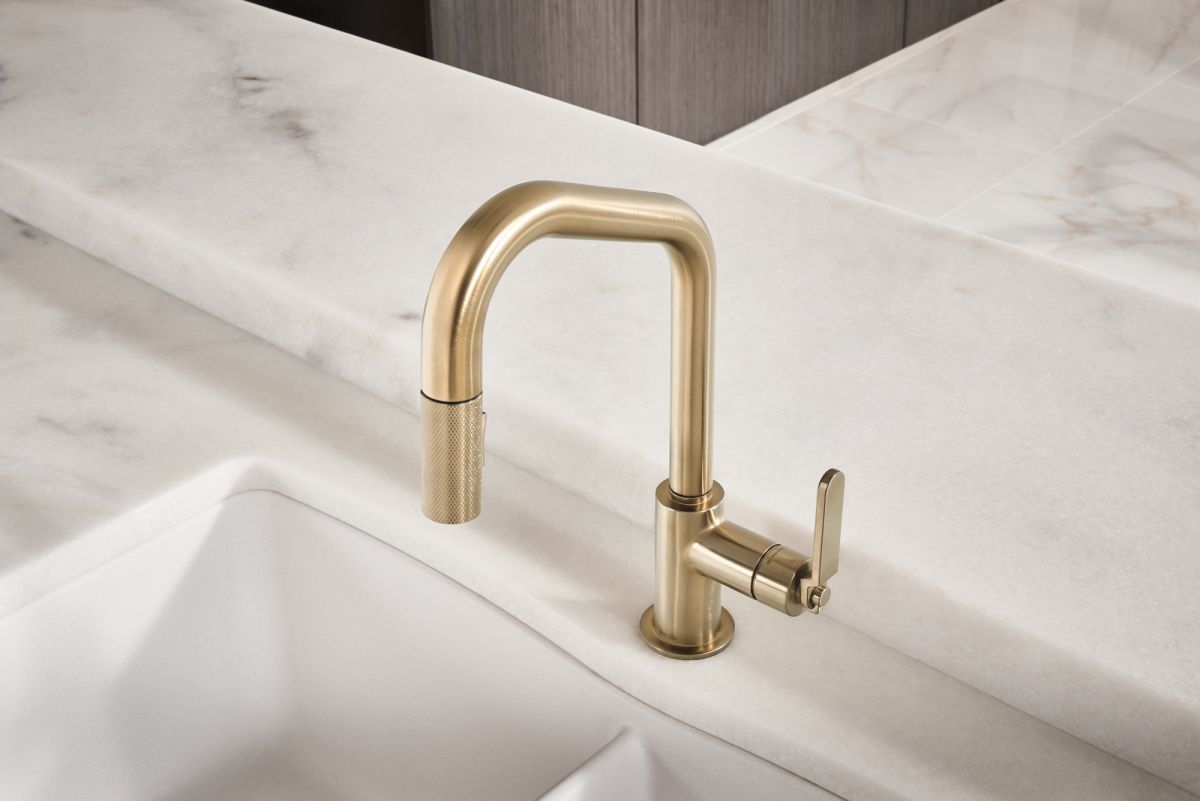 BRIZO Litze Pull-Down Faucet with Angled Spout and Industrial Handle — Luxe Gold