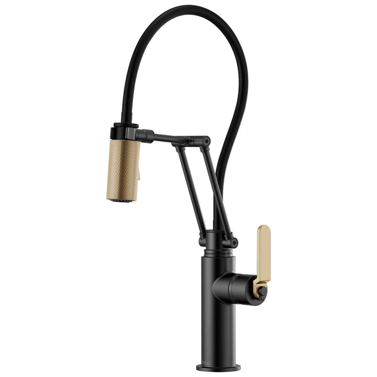 BRIZO Litze Articulating Faucet with Industrial Handle — Matte Black/Luxe Gold